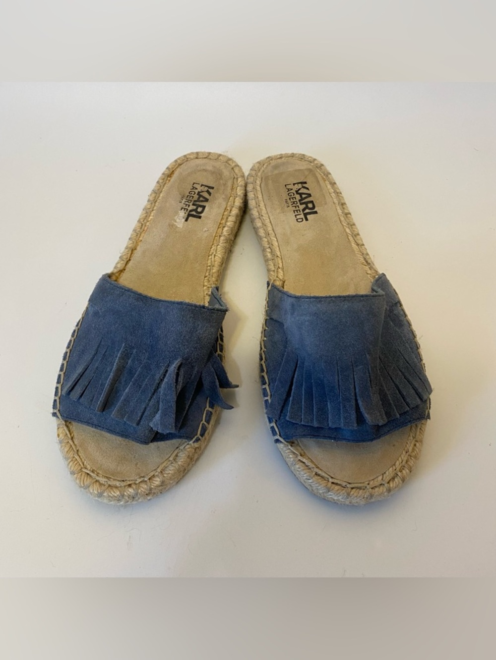 Sz 7.5- Karl Lagerfeld Blue Suede Fringe Espadrille Slide - Women